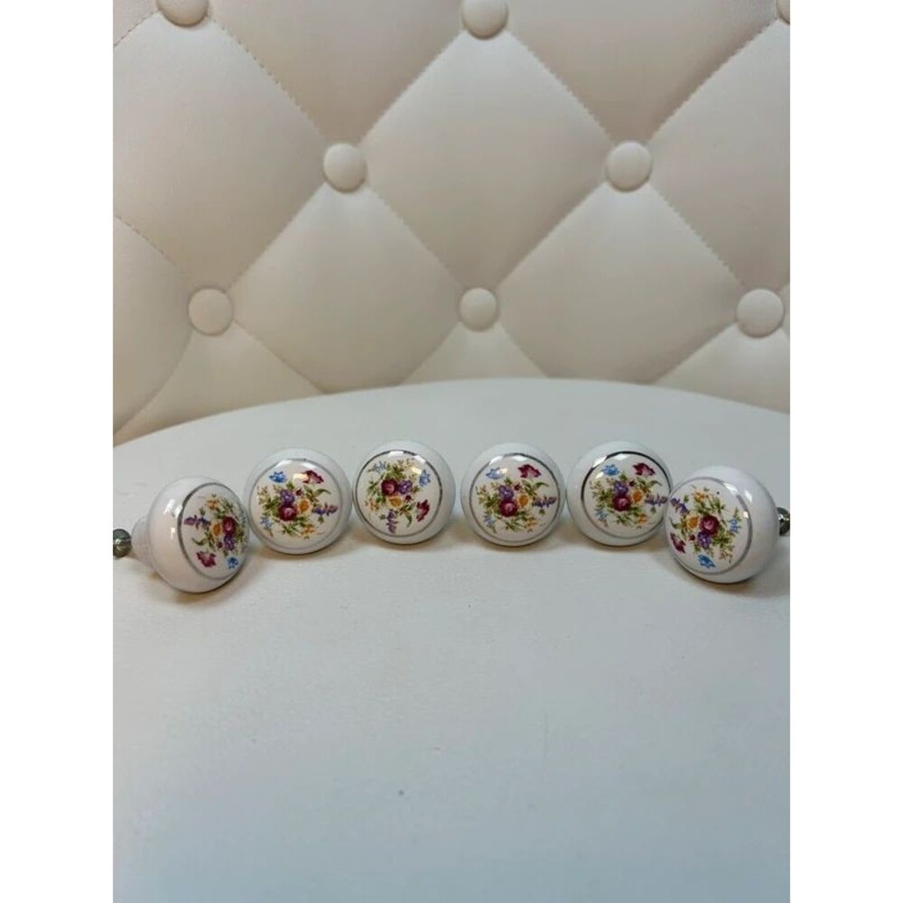 Vtg Lot of 6 White Porcelain Floral Cabinet Knobs Dresser Drawer Pulls Hardware